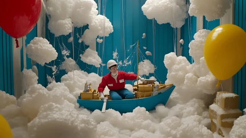 Man Sailing Boat in Cotton Clouds