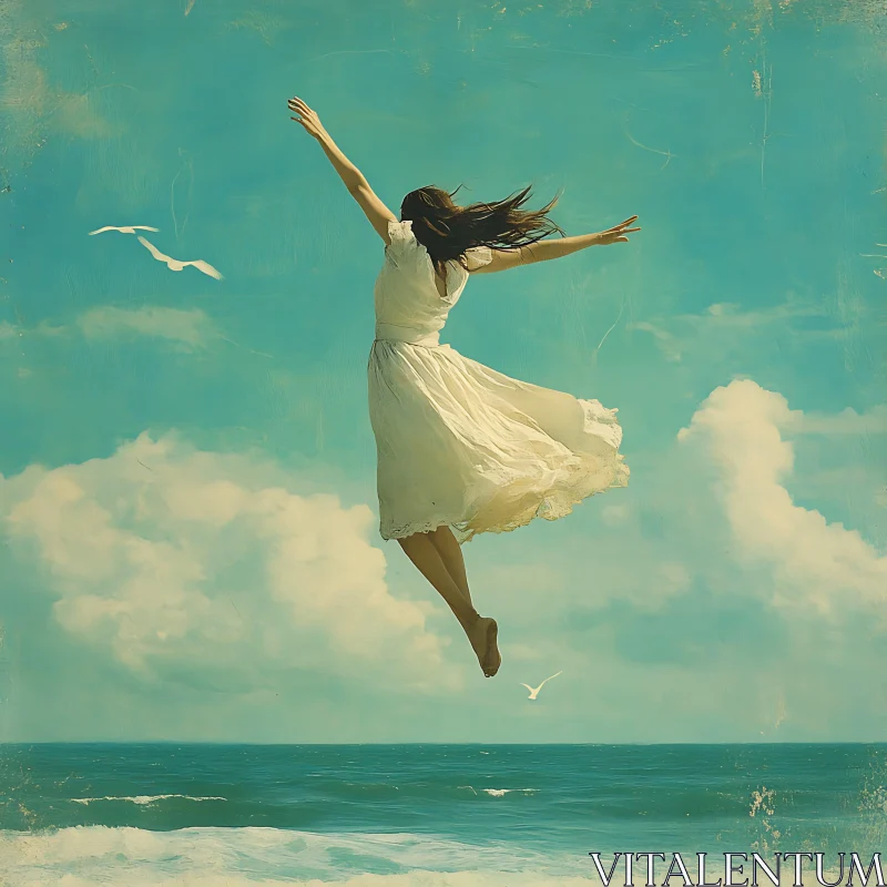 Woman in White Dress Above Ocean