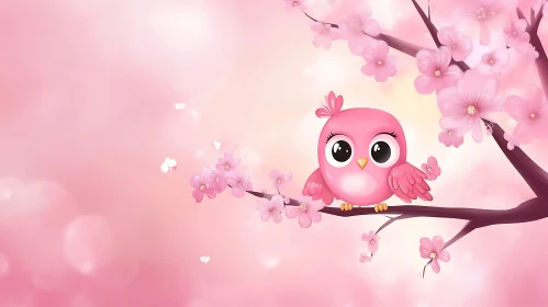 Cute Pink Bird on Flowering Branch