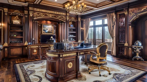 Elegant Office Space with Rich Wooden and Golden Details
