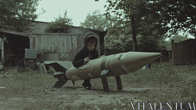 Young Boy's Rocket Project in Backyard