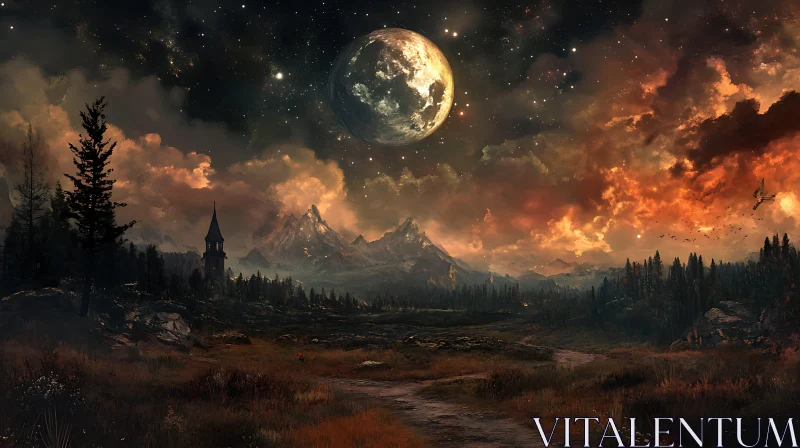 Night Landscape with Moon and Mountains