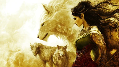 Golden Wolves and Woman Portrait