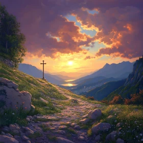 Mountain Path at Sunset with Cross