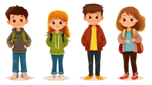 Cartoon Students with Backpacks Illustration