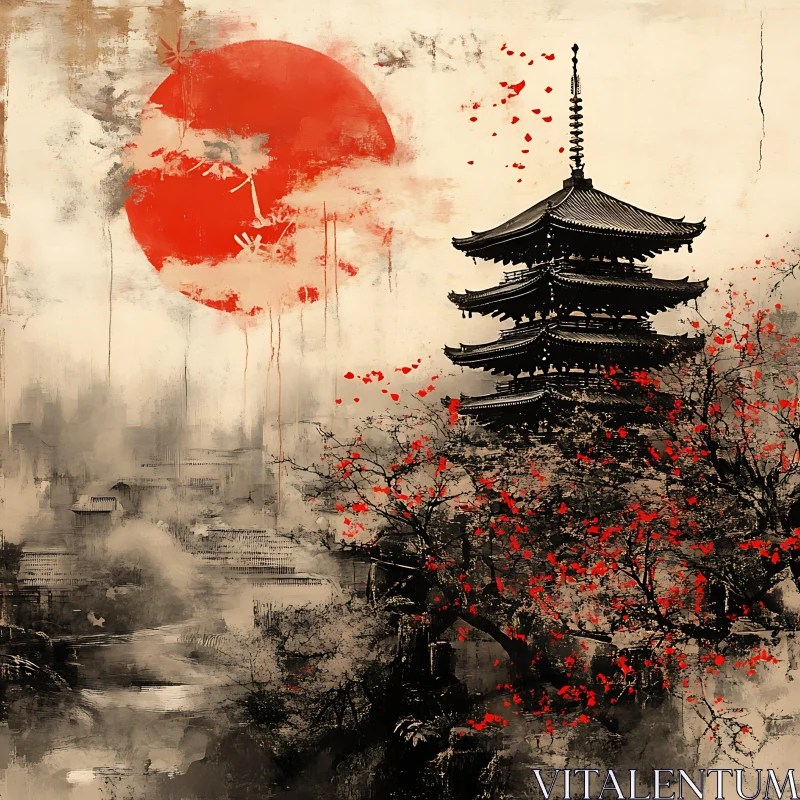 Japanese Pagoda with Red Sun and Blossoms