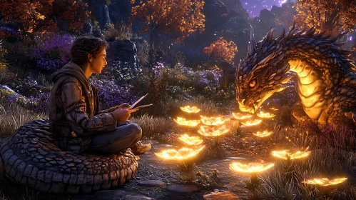 Magical Meeting: Boy and Dragon in Woods