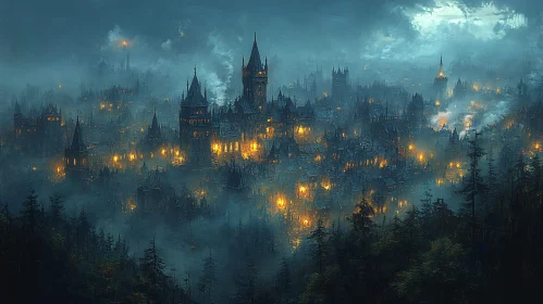 Misty Cityscape with Glowing Lights