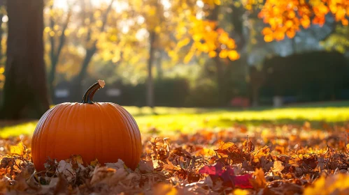 Pumpkin among fall leaves