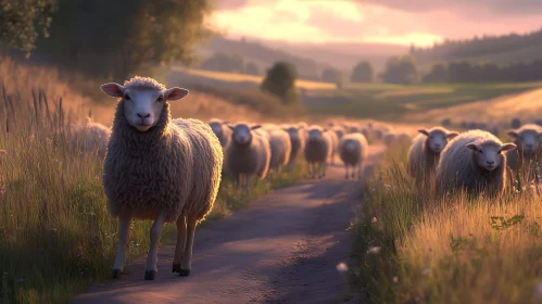 Sheep Grazing at Sunset