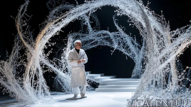 Man in White Coat Surrounded by Abstract Web