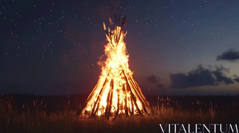 Bonfire in Darkness with Stars Above
