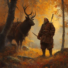 Warrior and Deer in Autumnal Forest