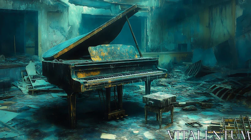 Decayed Piano in Ruined Interior