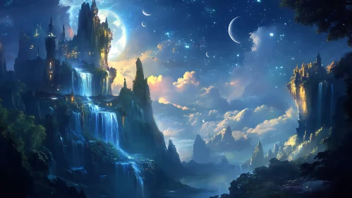 Fantasy Landscape with Waterfalls and Castles