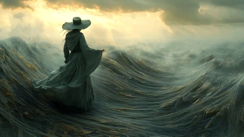 Lady with Hat at Stormy Ocean