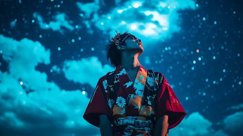 Person in Kimono Under Night Sky