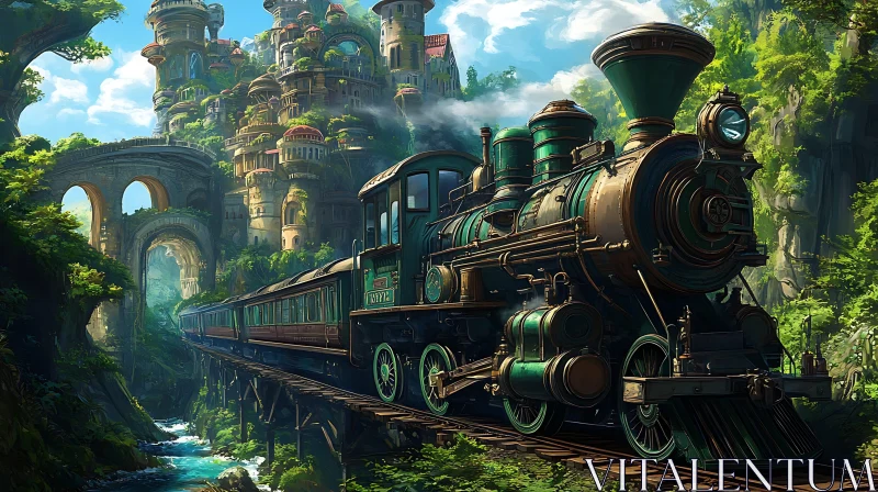Whimsical Train Ride to a Magical City AI Image