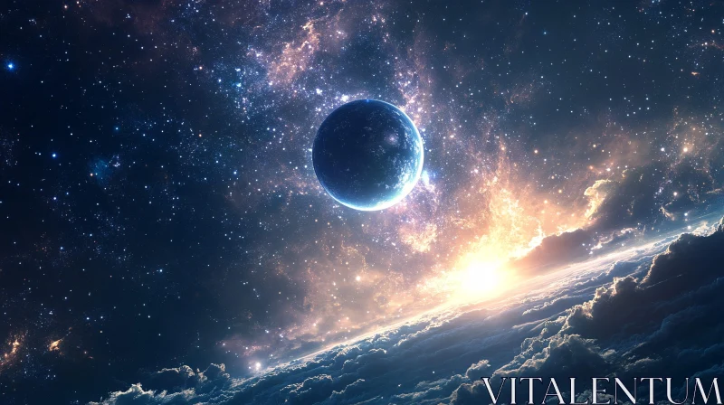 Cosmic View of Planet and Starry Sky