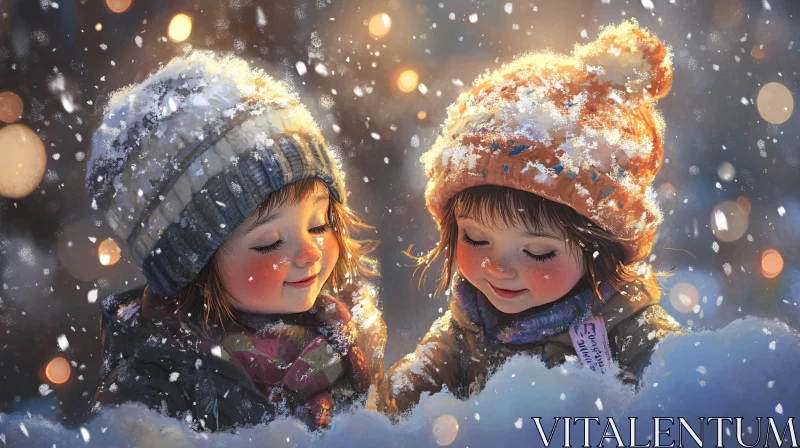 Children's Winter Portrait with Snowfall