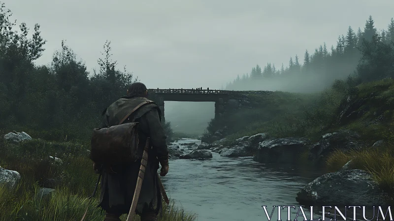 Man by River with Stone Bridge