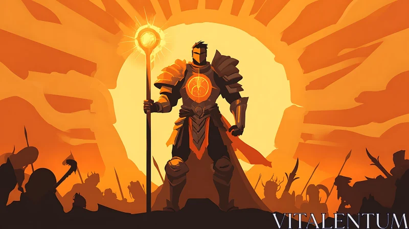 Armored Warrior with Staff Silhouette Crowd