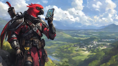 Armored Parrot Cartographer Overlooking Valley