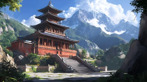 Asian Temple with Mountain Backdrop