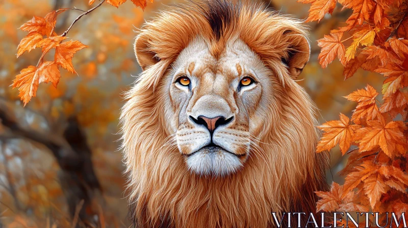 Regal Lion in Autumn Leaves