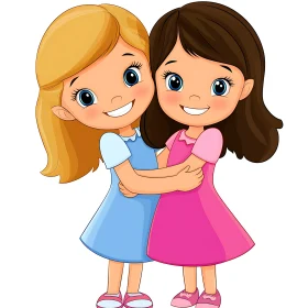 Cartoon Illustration of Two Cheerful Girls Hugging
