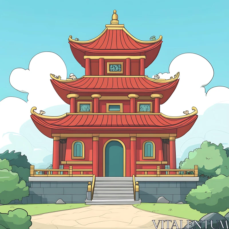 Red Roof Pagoda in Cartoon Style