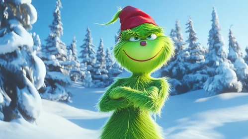 Green Character in Snowy Scene