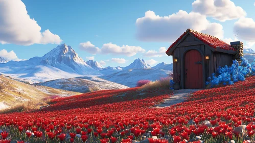 Cabin in a Field of Red Flowers