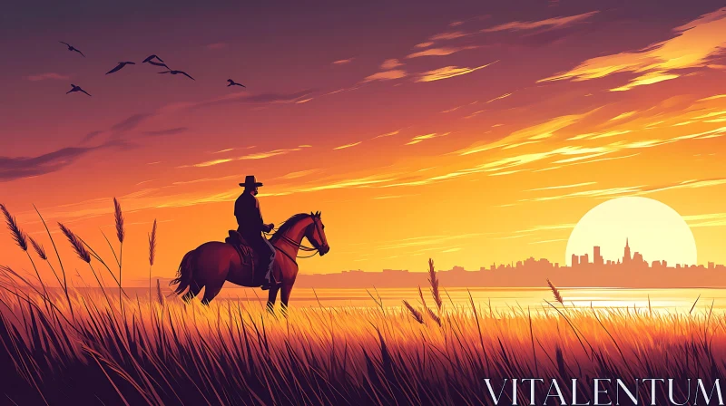 Equestrian Sunset Over Distant Cityscape