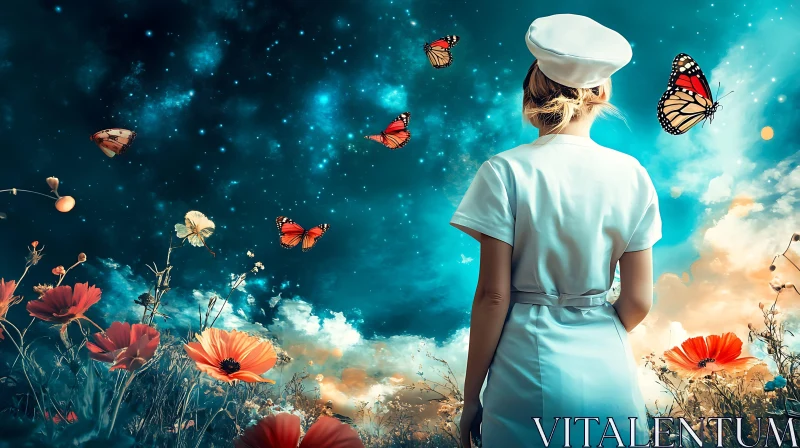 Surreal Meadow with Woman and Butterflies