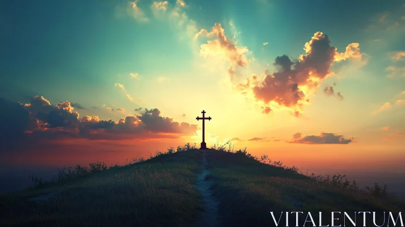 AI ART Sunset Cross on Hill