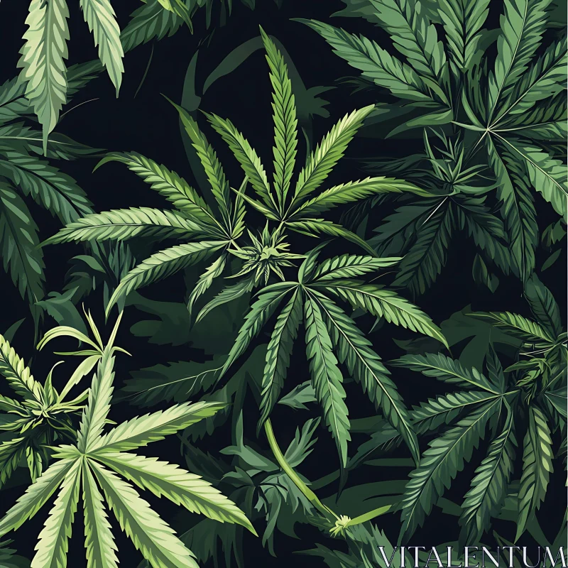 AI ART Botanical Cannabis Foliage on Dark Backdrop