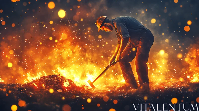 Fiery Worker Scene with Hardhat and Axe