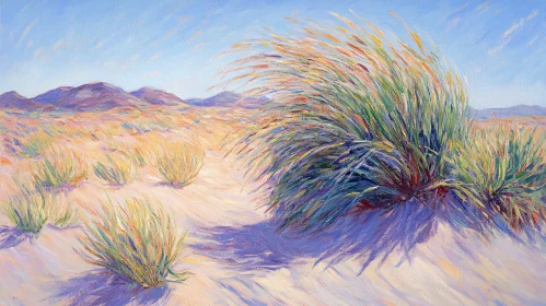 Desert Landscape Painting with Mountains and Grass