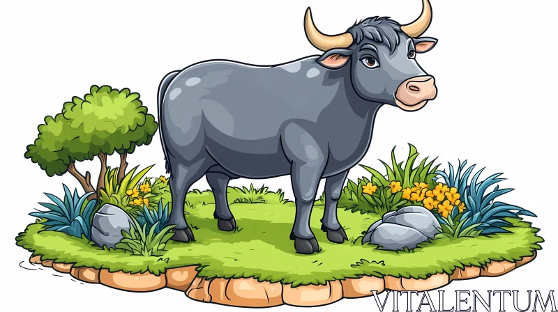 Illustrated Grey Bull in Greenery AI Image