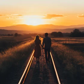 Couple Walking on Railroad at Sunset