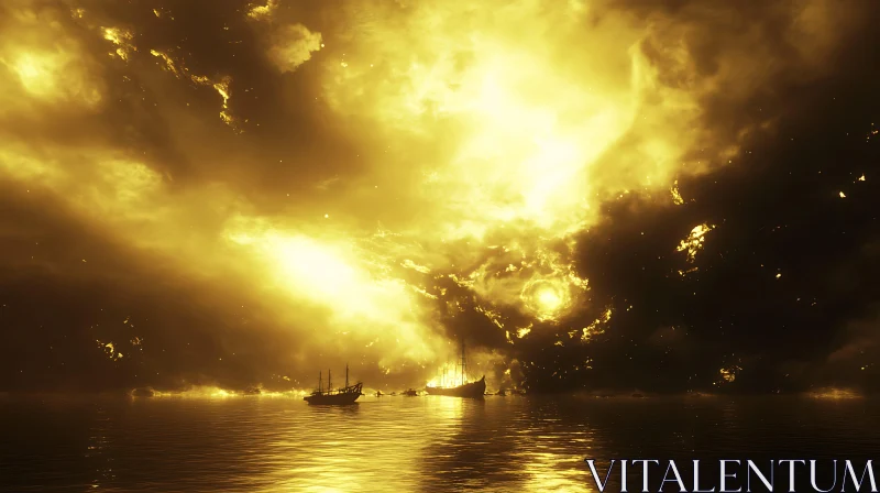 Sailing Vessels under a Golden Inferno Sky