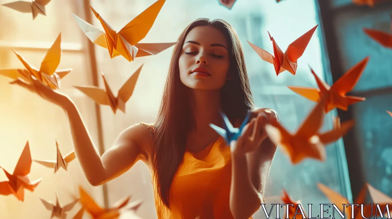 Serene Woman and Floating Paper Birds