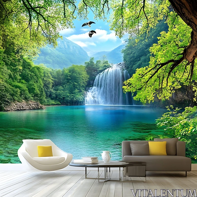Living Room with Stunning Waterfall Forest Mural