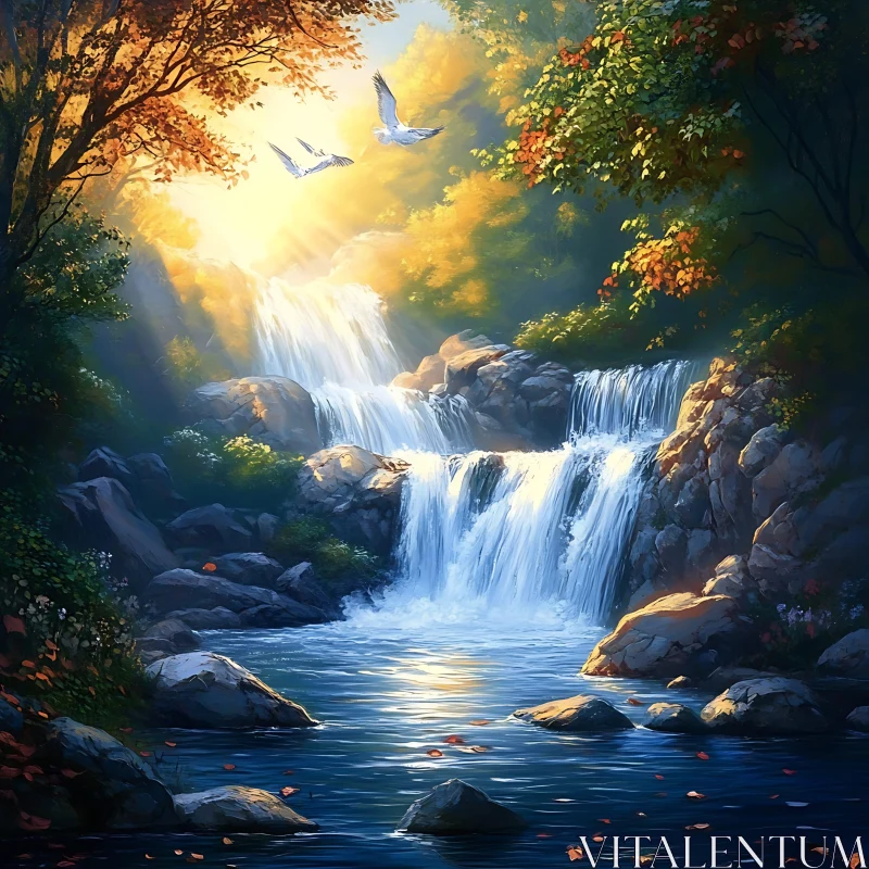 Peaceful Autumn Waterfall AI Image