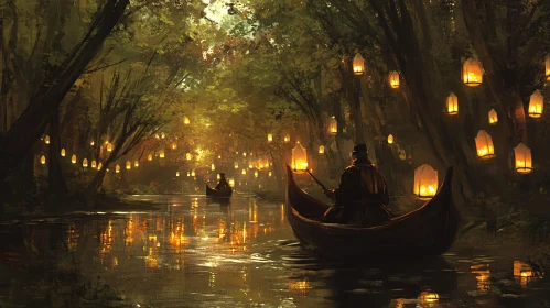 Boats on River with Lanterns