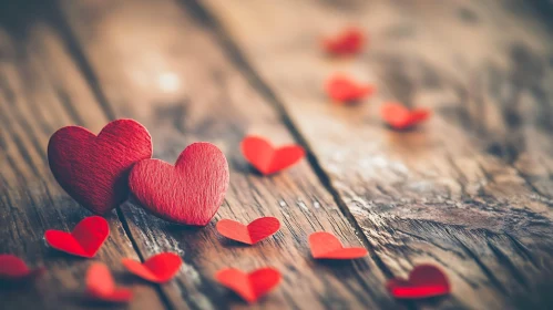 Red Hearts on Wooden Table