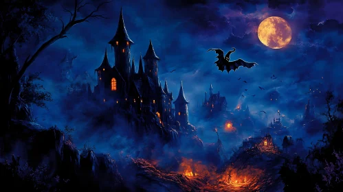 Moonlit Castle with Flying Bat