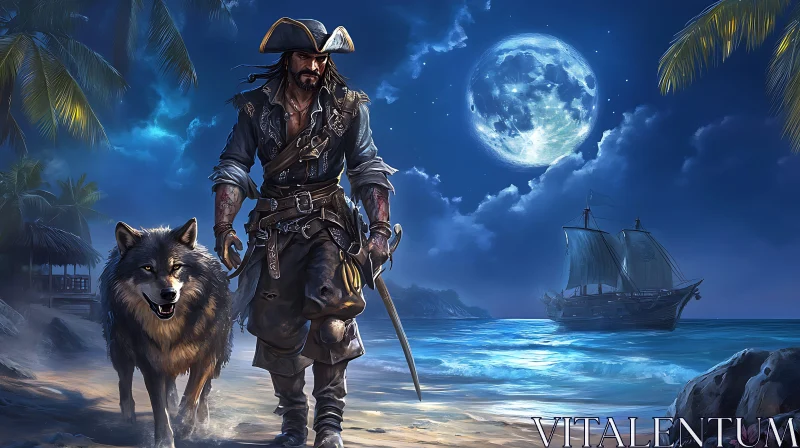 Moonlit Pirate with Wolf Companion