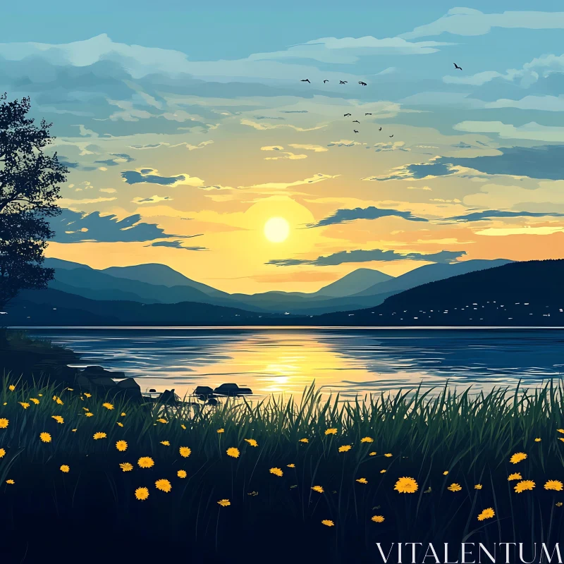 Calm Sunset Landscape with Wildflowers